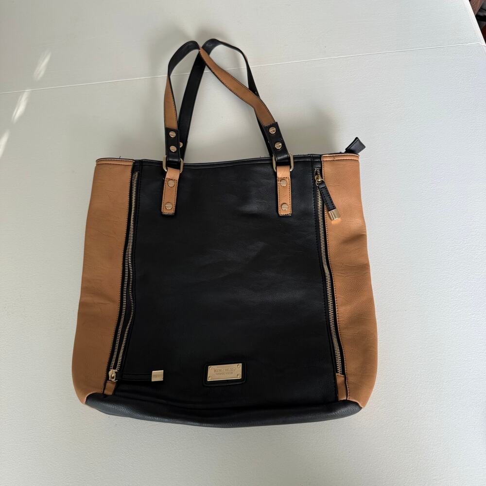 Nine West Brown Black Two Tone Faux Leather Medium Tote Bag Zip Top